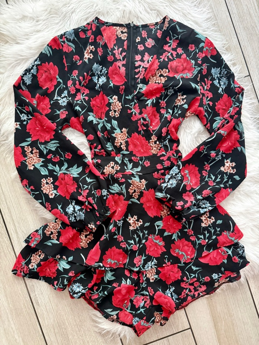 Floral Black & Red Long-Sleeve V-Neck Romper
